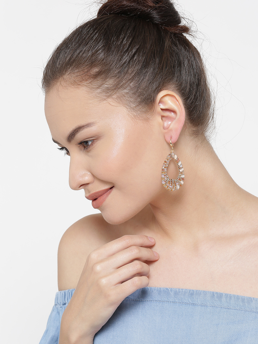 YouBella Peach-Coloured Gold-Plated Teardrop Shaped Drop Earrings